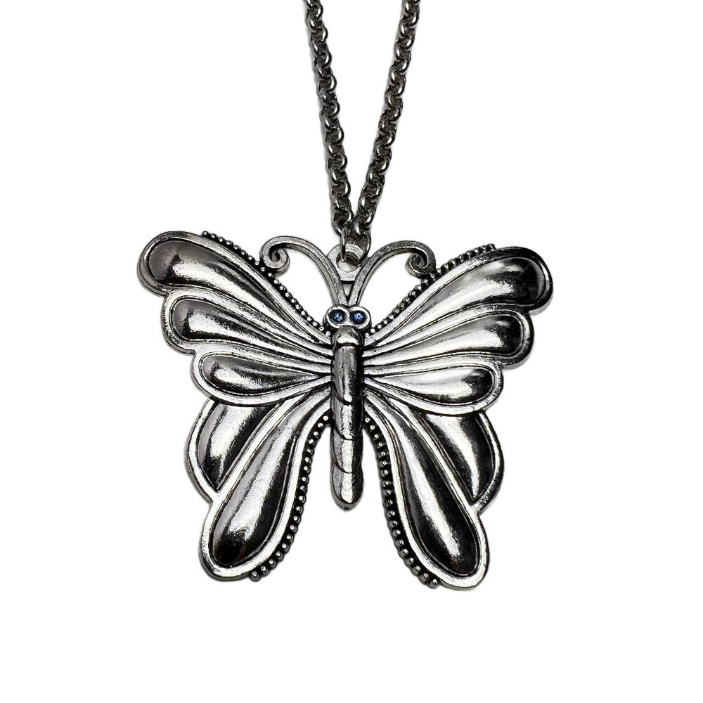 Butterfly Pendant Necklace with Blue Crystal Eyes Antique Silver Tone